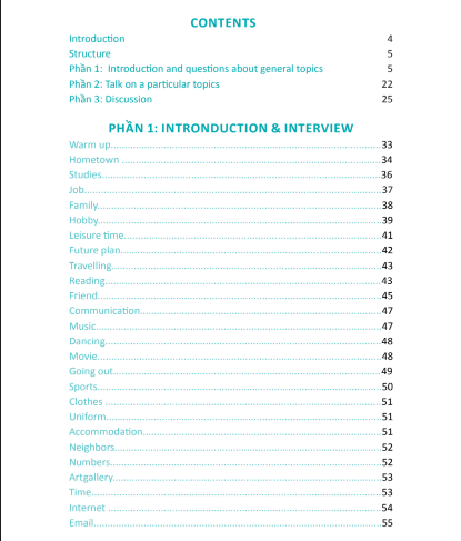 Mục lục cuốn sách Tài liệu luyện thi nói IELTS