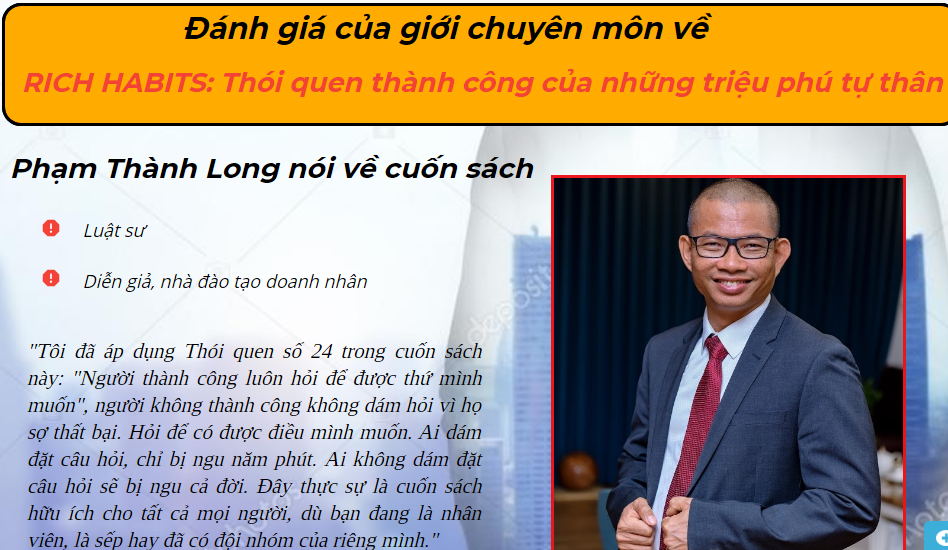 Đánh giả của giới chuyên môn về cuốn sách Rich Habits
