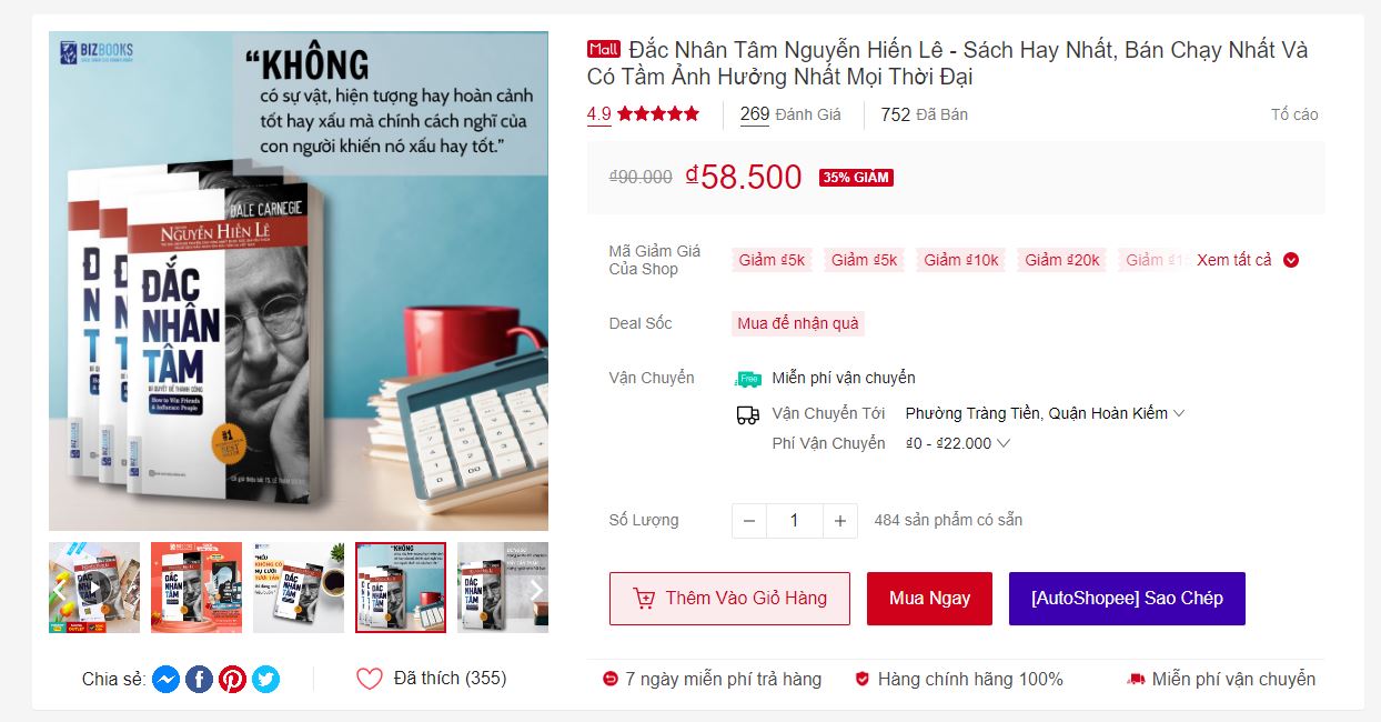 Mua sách Đắc Nhân Tâm tại gian hàng chính thức của Bizbooks trên Shopee