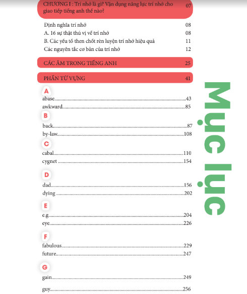Mục lục cuốn sách Ứng dụng siêu trí nhớ 6000 từ vựng tiếng Anh thông dụng nhất