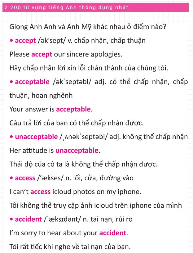 Các từ vựng trong cuốn 2200 từ vựng tiếng Anh thông dụng nhất đều có ví dụ minh họa rất sinh động