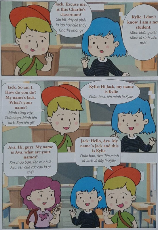 Những đoạn hội thoại trong cuốn Faster, Better with Comics rất gần gũi và thực tế kèm song ngữ dễ hiểu