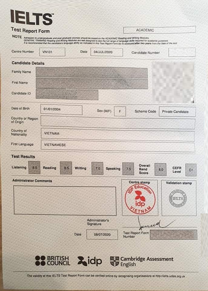 Kết quả thi IELTS đạt 8.0 của mình