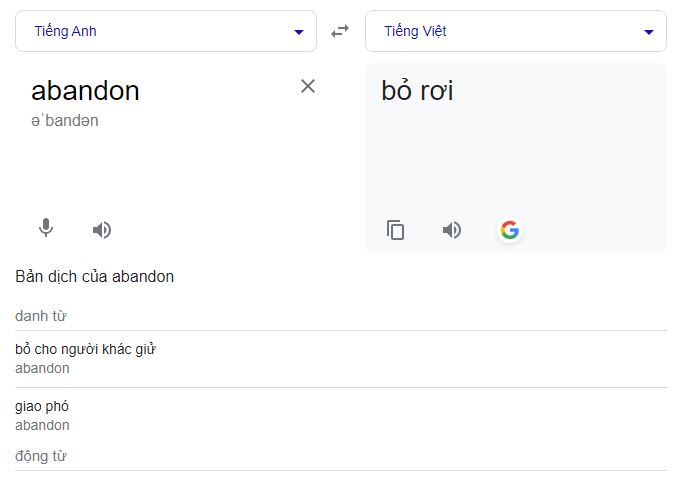 Nghĩa của từ Abandon tra trên Google dịch
