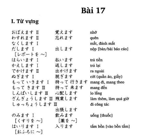 Từ vựng tiếng Nhật bài 17 trong giáo trình Minna no Nihongo