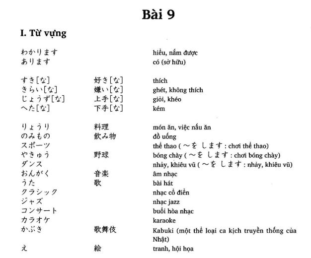 Từ vựng tiếng Nhật bài 9 trong giáo trình Minna no Nihongo