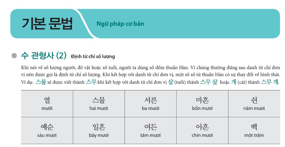 Ngữ pháp tiếng Hàn sơ cấp 1 bài 10 trong giáo trình Tiếng Hàn Tổng Hợp với chủ điểm ngữ pháp là Định từ chỉ số lượng