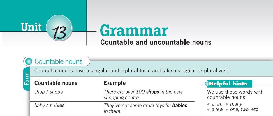 Destination B1 đáp án Unit 13: Countable and Uncountable Nouns