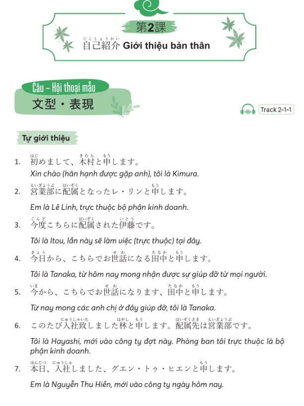 Phần mẫu câu trong các chủ đề ở Chương 1 của sách