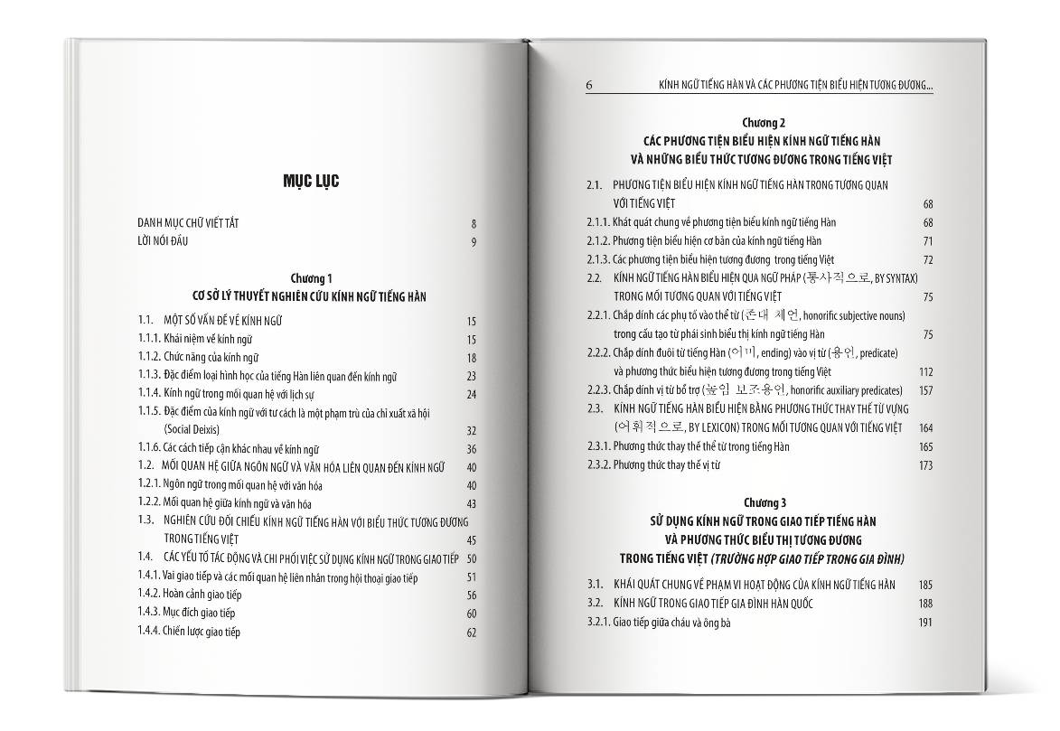 Mục lục của cuốn sách Kính Ngữ Tiếng Hàn Và Các Phương Tiện Biểu Hiện Tương Đương Trong Tiếng Việt